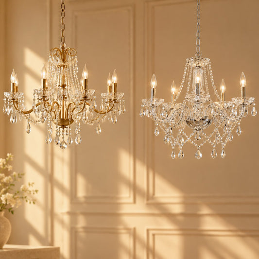 Luxury Crystal Candle Chandelier – Elegant 6-Light Pendant Ceiling Fixture (Gold & Chrome)
