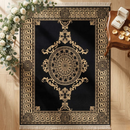 Versace Style Greek Key Rug – Luxury Black & Gold Baroque Statement Carpet - CU05