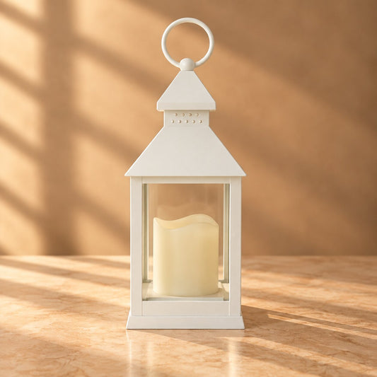 White LED Lantern with Flameless Candle – Battery Operated Decorative Lantern for Indoor Use - L07