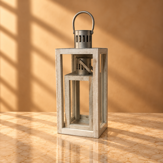 Whitewashed Wooden Lantern Set – Shabby Chic Coastal Nesting Candle Holders - L04