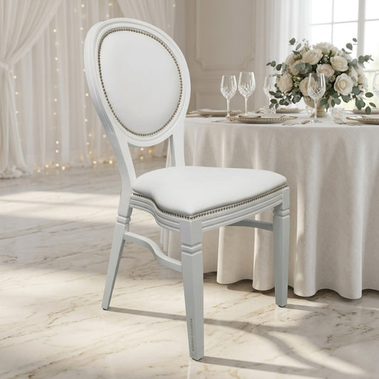 White Louis XVI Dining Chair – Classic French Provincial Chair with Studded Detail & Padded Seat - C05