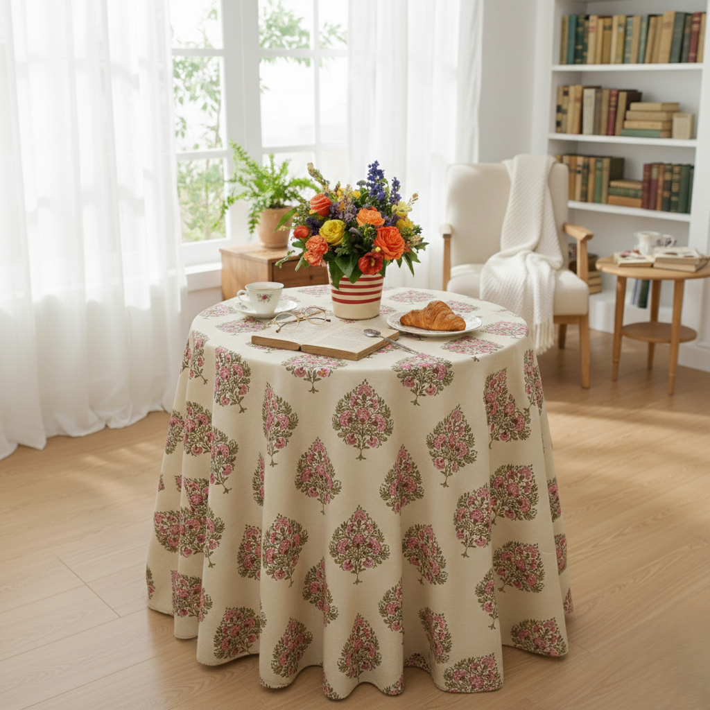 Indian Block-Print Floral Tablecloth | Colorful Dry Hire for Linens - L02