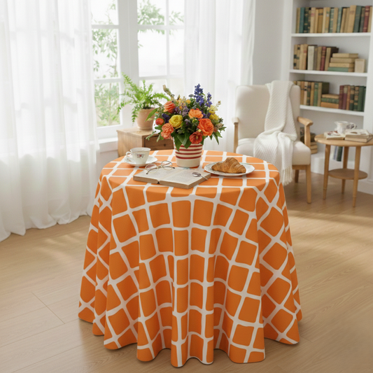 Retro Burnt Orange Geometric Tablecloth | Vintage Dry Hire for Linens - L06